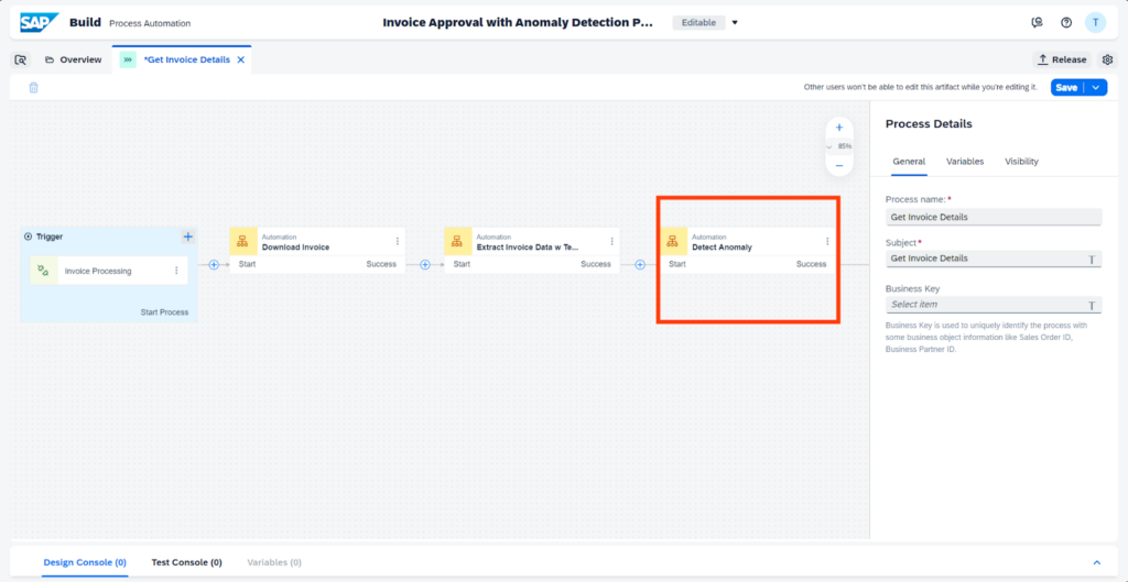 Graph 7. SAP Build Workflow that includes a module to connect with the deployment of DataRobot via API.