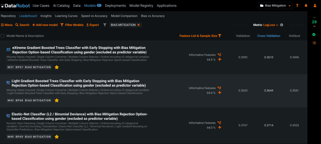 Mitigated versions of the top three models - DataRobot AI Cloud